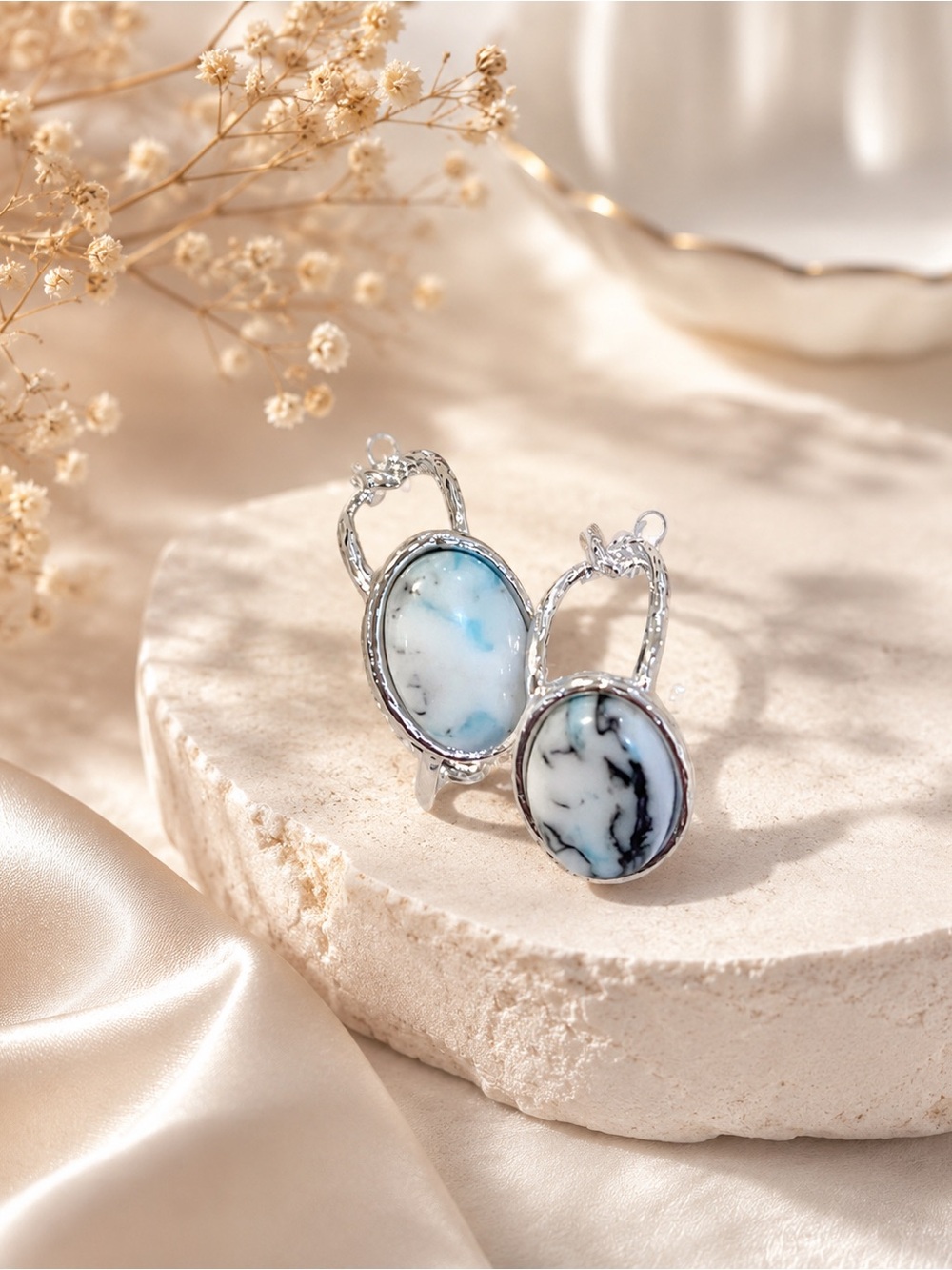 paparazzi Silver Oval Marble Drop Earrings in Blue and White